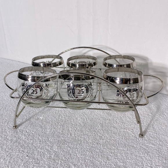 Vintage MCM 25th Anniversary Roly Poly Glasses W Silver Rim & Chrome Caddy - Picture 1 of 12